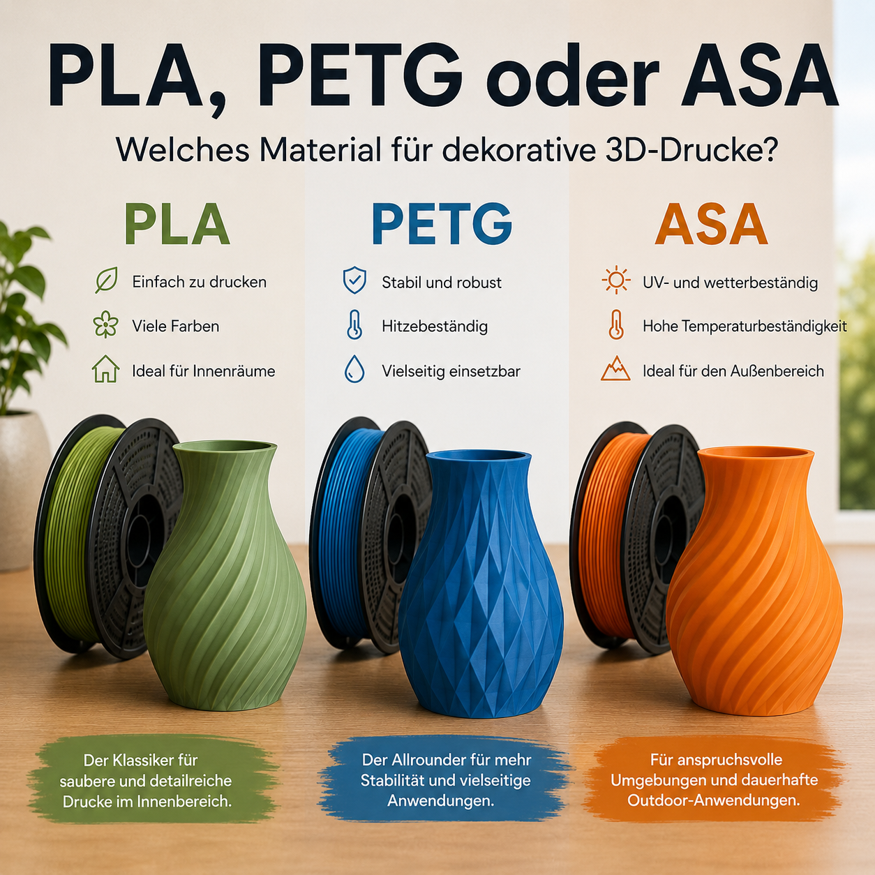 PLA, PETG oder ASA – welches Material eignet sich für dekorative 3D-Drucke?