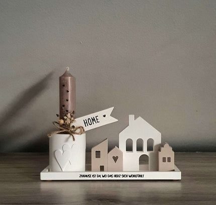 Silikonform kleines Tablett mit Raysin Häuschen und einem Kerzenhalter mit 2 Herzen