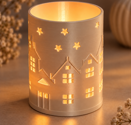 3D Druck Datei Häuschen  und Sterne Windlicht beleuchtet.