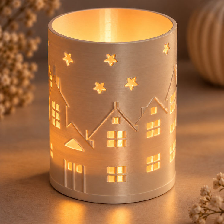 3D Druck Datei Häuschen  und Sterne Windlicht beleuchtet.