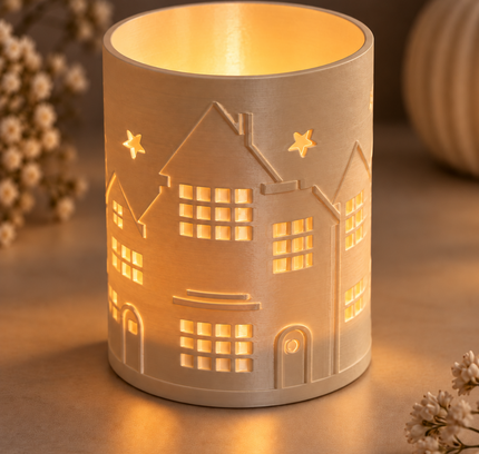 3D Druck Datei Häuschen  und Sterne Windlicht beleuchtet.