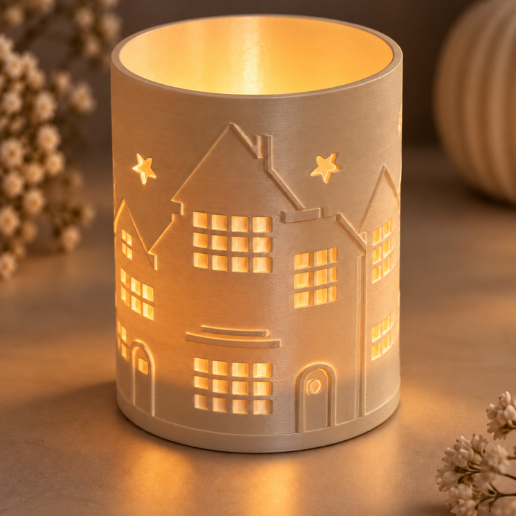 3D Druck Datei Häuschen  und Sterne Windlicht beleuchtet.