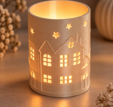 3D Druck Datei Häuschen  und Sterne Windlicht beleuchtet.