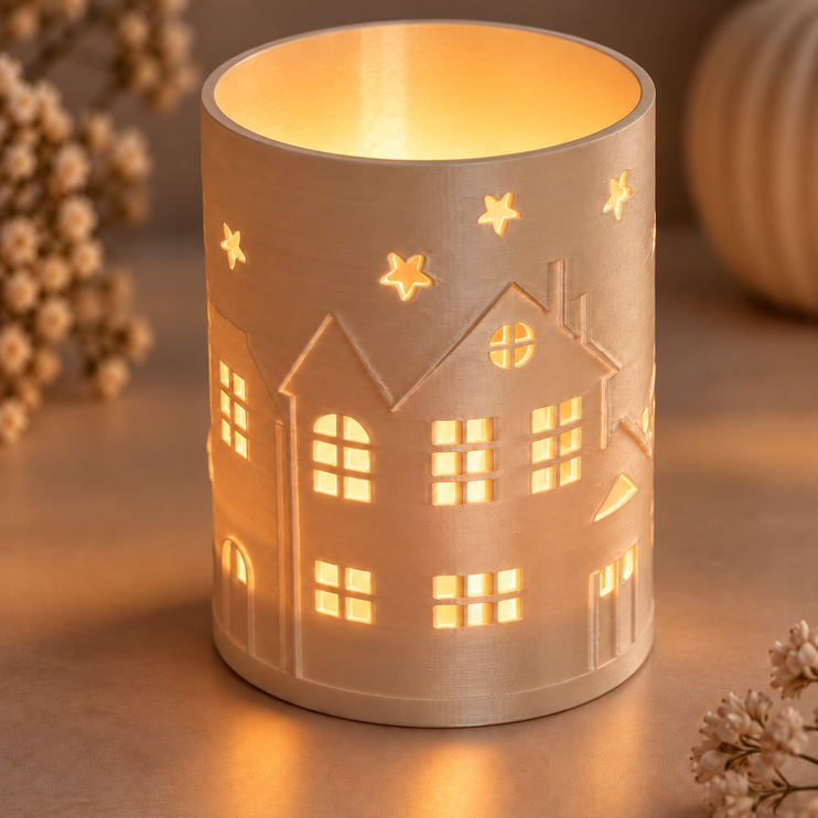 3D Druck Datei Häuschen  und Sterne Windlicht beleuchtet.